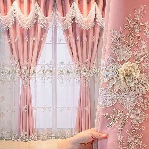Luxury Green Pencil Pleat Curtains 1 Pair European Double Layer Embroidered Drapes with Wavy Valance for Living Room & Bedroom 66"W x 84"L (2 Panels)