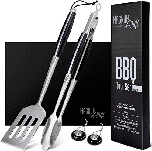 Magnum Grill Grilling Accessories 5 Piece BBQ Tools Set with 18 Grill Spatula Tongs for Cooking BBQ Grill Mat and 2X Strong Magnetic Hooks for Hanging on Barbeque - Heavy Duty Metal Grill Set