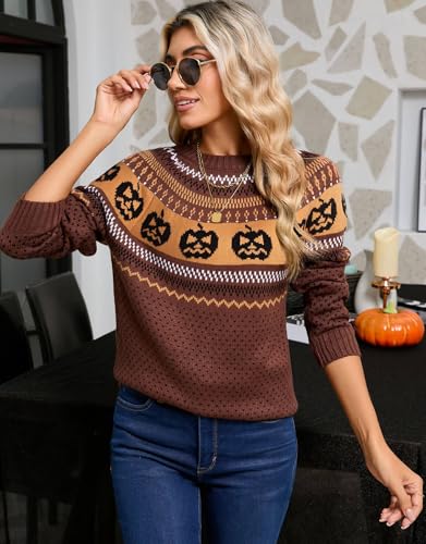 Women's Vintage Fair Isle Pullover Sweater Casual Fit Dressy Crewneck Long Sleeve Lightweight Knit Tops