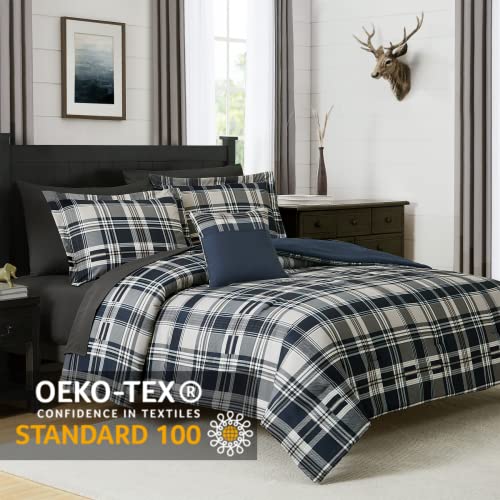 Image of MaiReve Queen Size Comforter Set Navy Blue, Classic Plaid Farmhouse 7 Pieces Bedding Set, All Season Lightweight Bed in a Bag with Sheets, Pillowcases & Shams