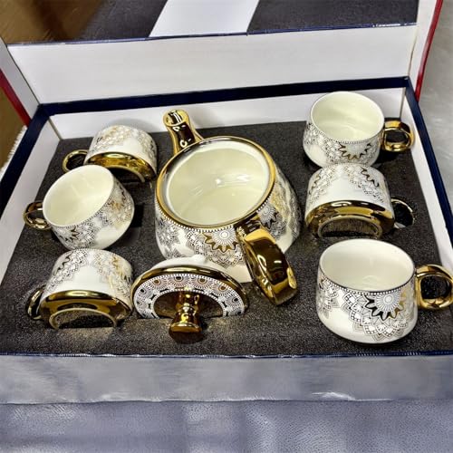 Image of DMRD MART-Porcelain Tea Set with Kettle |Tea Cup Set 7Pc | Aesthetic and Classic Cups Set | Premium Crockery for Home & Gifting with Golden Color Geometric Pattern Design. (Golden Lattice)