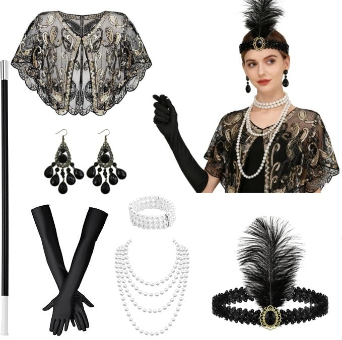 1920s Accessories for Women, Great Gatsby Accessories Women, Flapper Accessories, Fashion Roaring 20's Theme Set for Halloween, Christmas, Carnival