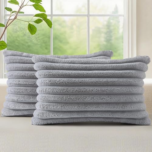 Image of decorUhome Fall Cozy Faux Fur Throw Pillow Covers 12x20 Set of 2 Decorative Soft Plush Striped Lumbar Modern Farmhouse Boho Couch Pillow Cases with Velvet Back for Sofa Bed Living Room, Grey