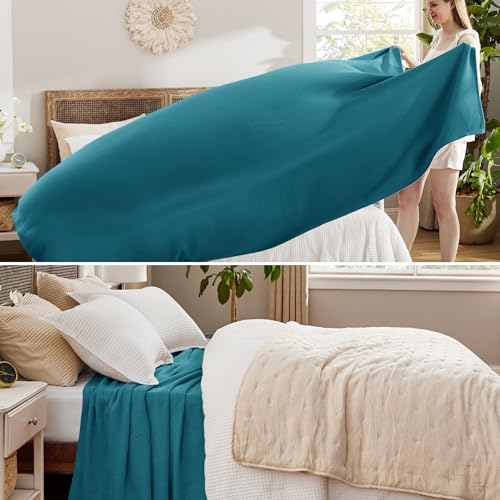 Image of Bedsure 100% Cotton Blanket, Herringbone Weave, King, Teal