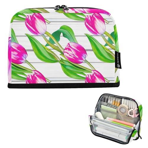 Estuche grande con cremallera para lápices, diseño de tulipanes rosados, hojas verdes, color blanco, estuche de almacenamiento para lápices, para niñas, aula, artículos de papelería floral