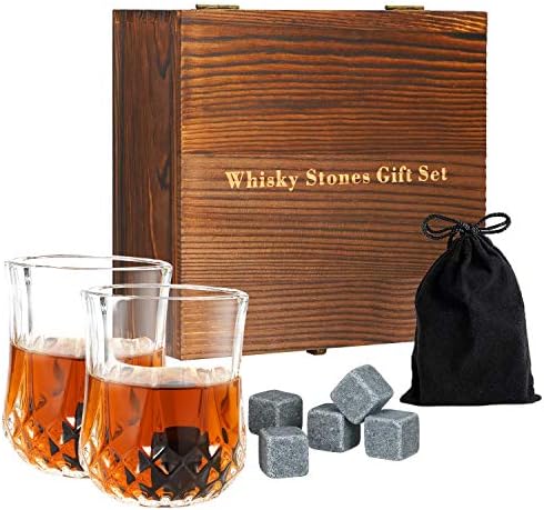 Whiskey Stones Gift Set Whisky Accessories, 8 Chilling Rocks with 2 Whiskey Glasses & Bags Cocktail Maker in Solid Box - Reusable Cooling Whiskey Sipping Stones for Men Women
