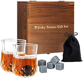 Whiskey Stones Gift Set Whisky Accessories, 8 Chilling Rocks with 2 Whiskey Glasses & Bags Cocktail Maker in Solid Box - Reusable Cooling Whiskey Sipping Stones for Men Women