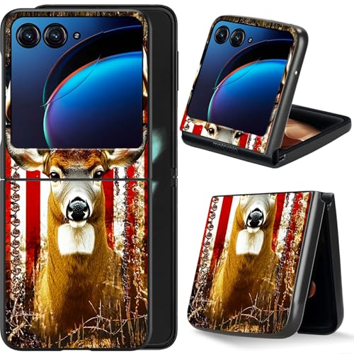 Dikoer for Moto Razr 50 Ultra/Motorola Razr 60 Ultra/Moto Razr Plus 2024/Motorola Razr+ Plus 2025 Flip Phone Case 6.9" for Women Men, Full Body Thin Hard PC Shockproof Folding Cover, Flag Deer Retro