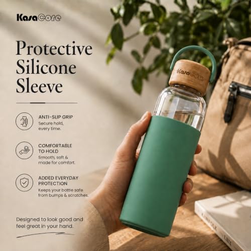 Image of Borosilicate Glass Water Bottle 500 ml | Leakproof Bamboo Lid & Silicone Sleeve | BPA Free Reusable Drinking Bottle for Office, Gym, Travel & Daily Use (Green)