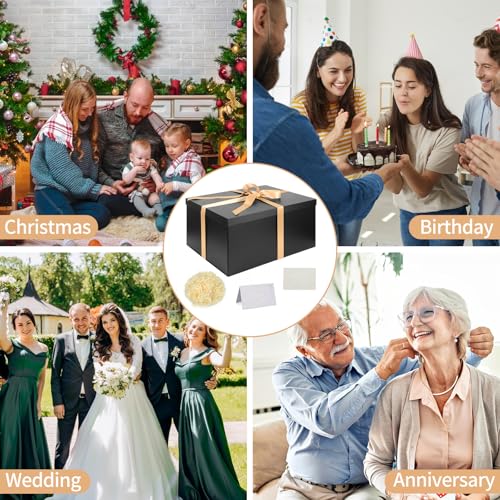 Geschenkbox Set, Schwarz Geschenkboxen mit Deckel 38 x 28 x 19 cm Groß Geschenkbox mit Schleife Geschreddertes Seidenpapier Grußkarten für Weihnachten Geburtstag Hochzeitstag