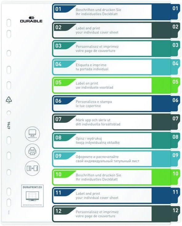 Durable Index Set 1-12 A4+ Portrait, Writable Index Sheet, 100% Recyclable, Multi-Coloured