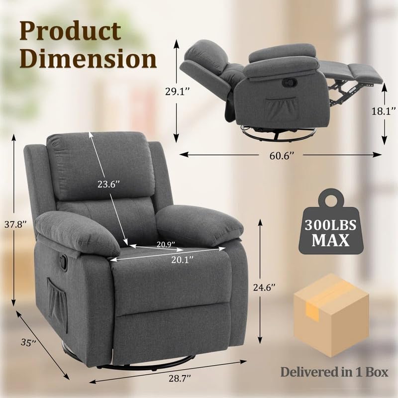 Image of Recliner Chair,Manual Recliner, 360 Swivel Recliners for Small Spaces,Rocker Recliner with Side Pockets Chairs for Living Room, Bedroom, Nursery, Dark Grey