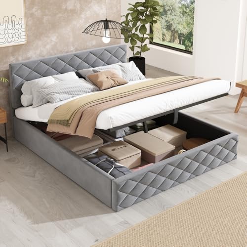Wyibwy Cama de matrimonio de 140 x 200 cm con somier y compartimento de almacenamiento, cama de matrimonio con canapé, cama acolchada, cabecero ajustable, sencillo y elegante, color gris