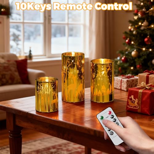 Image of Wondise Christmas Gold Reindeer LED Flameless Candles with Remote Timer, Electroplate Glass Battery Operated Real Wax Flickering 3D Wick Pillar Candles for Christmas Holiday Home Decoration