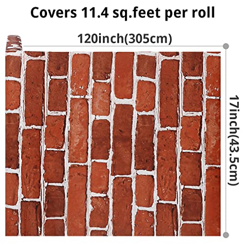 Arthome Peel and Stick Brick Wallpaper 17''x120'' Self Adhesive Contact Paper Waterproof Vinyl Film Wall Paper for Bedroom,Living Room,Fireplace,Stair,Room Decor(Red)