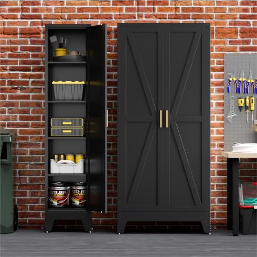 Image of Bevivog 67 inch Slim Storage Cabinet, Narrow Metal Broom Closet for Laundry Room Bathroom, Tall Slim Pantry Cabinets for Small Space