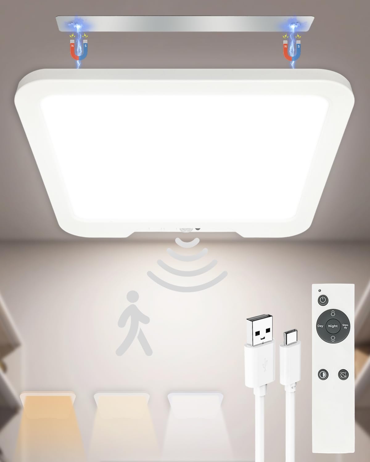 Rechargeable LED Ceiling Light, Motion Sensor 7500mAh Battery Operated Shed Light with Remote, Magnetic Mount, Dimmable Wireless Ceiling Lamp, 3 Color Temperatures for Bathroom, Garage, Loft, Hallway — image 1