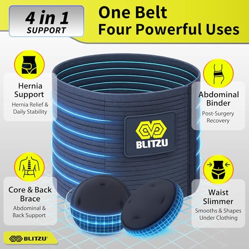 BLITZU Umbilical Hernia Belt for Men & Women, Abdominal Binder Adjustable Truss Support with 2 Compression Pads for Naval, Ventral, Incisional, Epigastric, Belly Button Hernias, Pre Post Surgery XXL