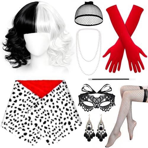 Hysagtek Cruella De Vil Kostüm - 9 Stück Schwarze Und Weiße Cruella Deville Kostüm Damen mit Perücke Maske Perlenketten Ohrringen Schal Netzstrümpfe für Karneval Cosplay Mottoparty