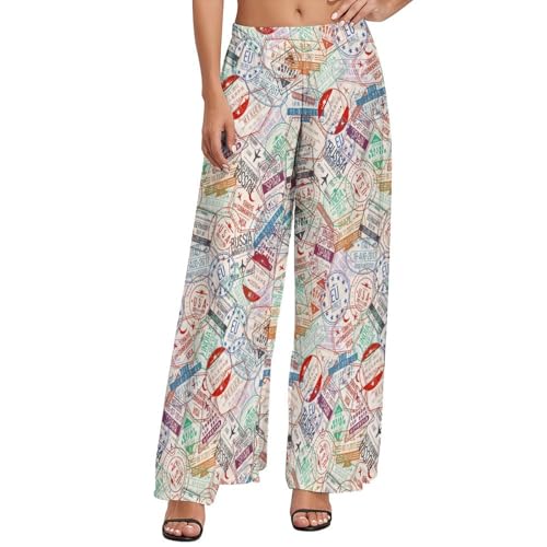 VOSERY Palazzo Pants for Women - Passport Stamp Comfy Casual Womens Wide Leg Pants Baggy Lounge Pants