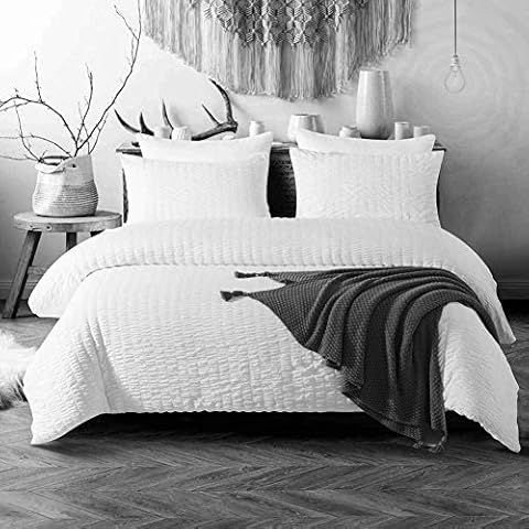 [hachette] SEERSUCKER DUVET COVER BEDDING BED SET WITH PILLOWCASES (White, Single) Cover