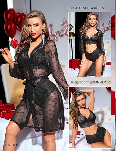 RSLOVE Women Sexy Lingerie Set 3 Piece Lace Kimono Robe with Bra and Panty Sheer Sleepwear3