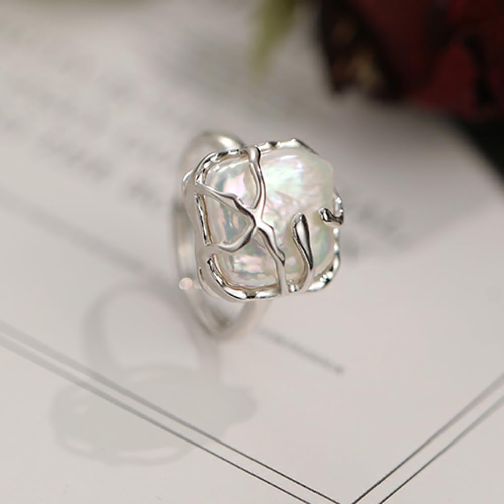 IMINI Anillo de plata de ley 925 con perla barroca irregular para mujer y niña, anillo de moda ajustable para mujer y niña, regalo de cumpleaños o San Valentín, plata de ley, perla, Plata de ley,