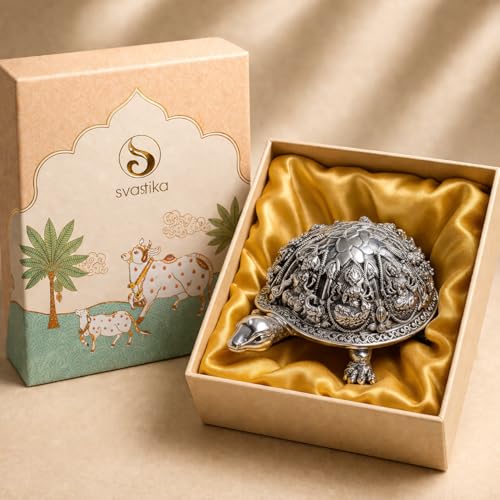 Image of Svastika Silver-Plated Ashtalakshmi Kurma Tortoise | 3.5 Inch Vastu Idol with 8 Lakshmi Avatars for Wealth & Prosperity | Spiritual Home Decor