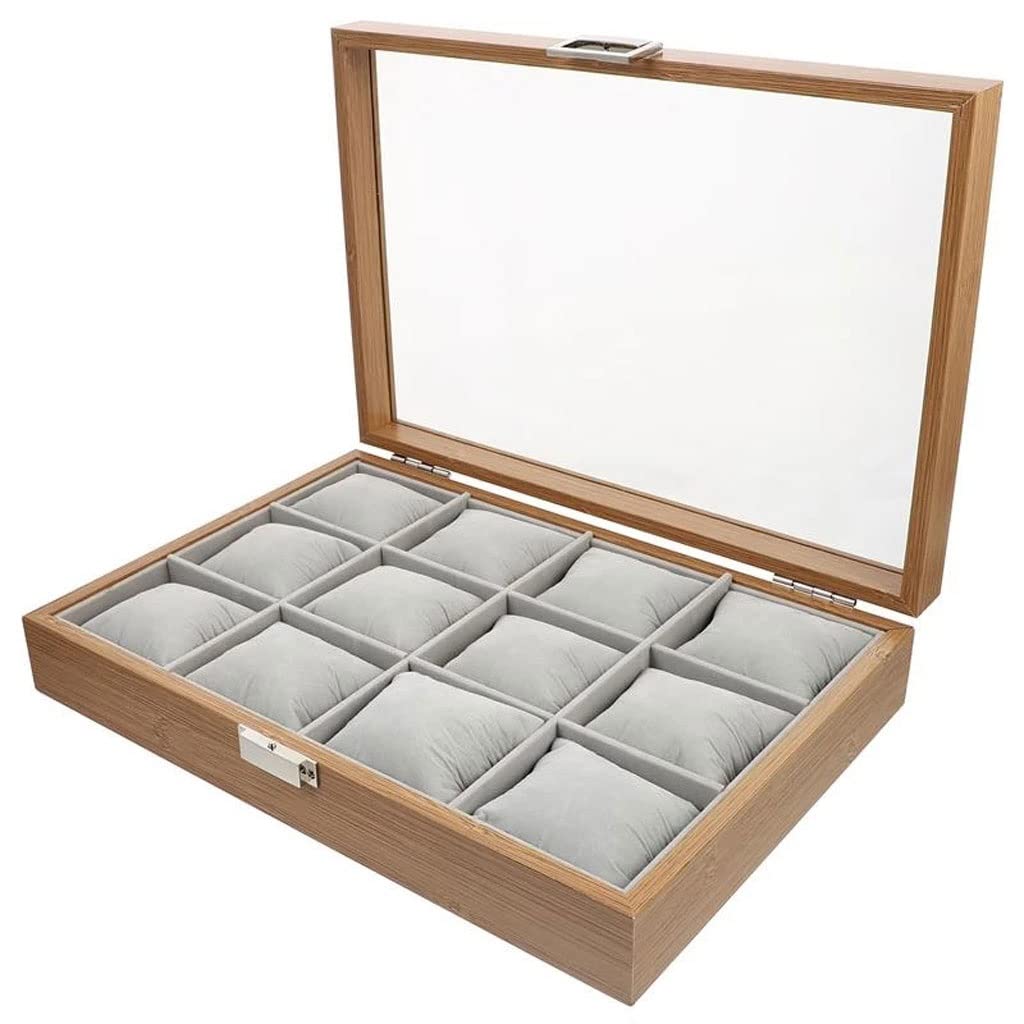 XBTGS Caja de almacenamiento de joyas con 12 ranuras, caja de madera, bandeja de exhibición con almohada,