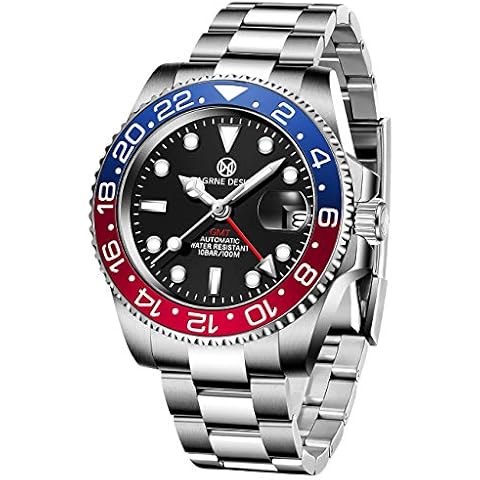 PAGRNE DESIGN Men's Watches GMT Automatic Wrist Watch Scratch Resistant Synthetic Sapphire Glass Date Display Waterproof Men Watch Stainless Steel Bracelet (Blue red) Cover