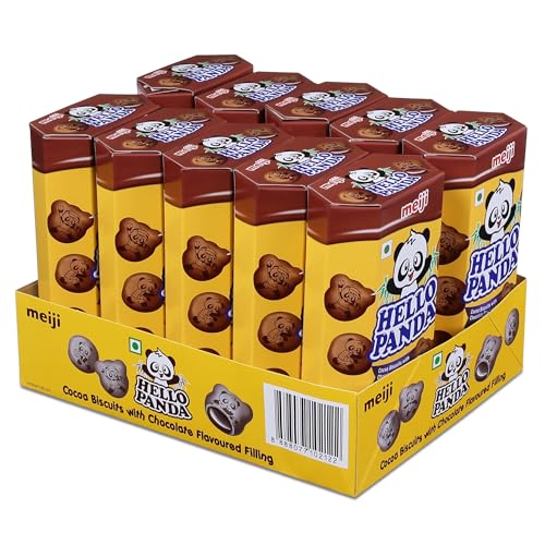 Image of meiji Hello Panda Cocoa Biscuits With Chocolate Flavoured Filling| Bite Sized Cocoa Biscuits Filled With Chocolate Flavoured Cream (Pack Of 10-500Gm)