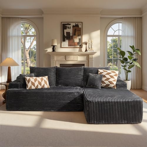 Image of ovios 96 inch Cloud Sectional Couch with L-Shape Chaise,Modern Modular Sofa with Deep Seat, Upholstered Couches for Living Room Bedroom,No Assembly Required, Grey (Plush Corduroy Fabric)