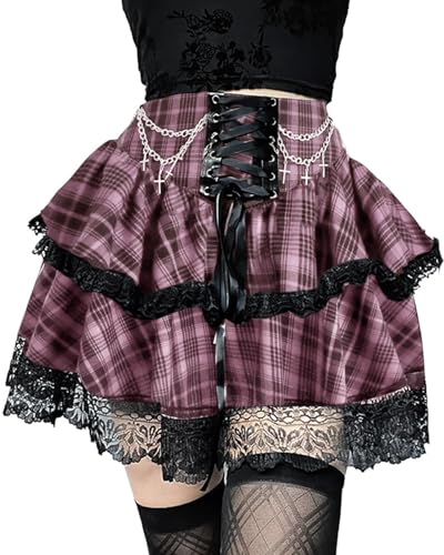 Image of DINGJIUYAN 2 Layered Mini Skirt with Chains Gothic Y2k Ruffle Pleated Skirts Steampunk Lace Hem Front Bandage Short Skirt