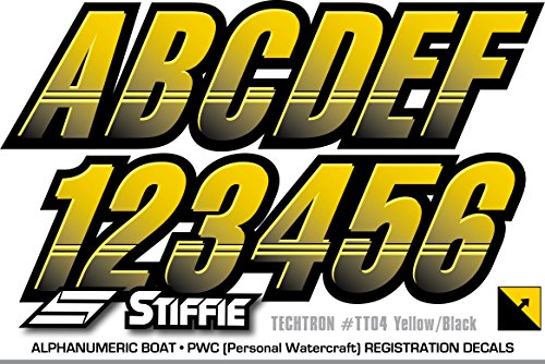 Stiffie Techtron Yellow/Black 3" Alpha-Numeric Registration Identification Numbers Stickers Decals For Boats & Personal Watercraft #TOP4