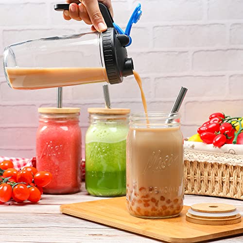 Mason 32Oz Reusable Boba Tea Cups 4 Pack, Glass Jars Wide Mouth Smoothie Cups With Bamboo Lids And Silver Straws, Drinking Glass Bubble Tea Cups For Iced Coffee Travel Bottle #TOP4