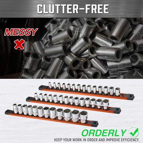 Image of ALOANES 1 /2-Inch Drive Magnetic Socket Organizer, Heavy Duty Aluminum Socket Rail Organizer, 360 Swivel Clips Socket Rail Set For Sockets Storage, 1 /2-Inch Socket Holder x 12 Clips (Orange)
