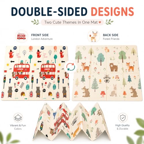 Image of WENGTY BPA Free Extra Large Big Size Non Slip Reversible Bus & Road Print Baby Play Mat for Learning & Crawling,Foldable Foam Floor Mats for Toddlers Kids Play Room (200X150CM 8MM Thickness)