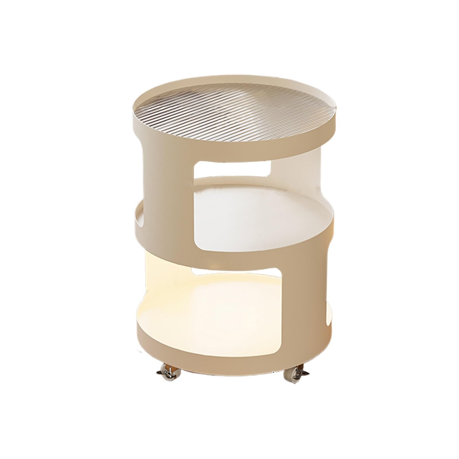 Petite table basse ronde blanche à roulettes pour ranger et éclairer