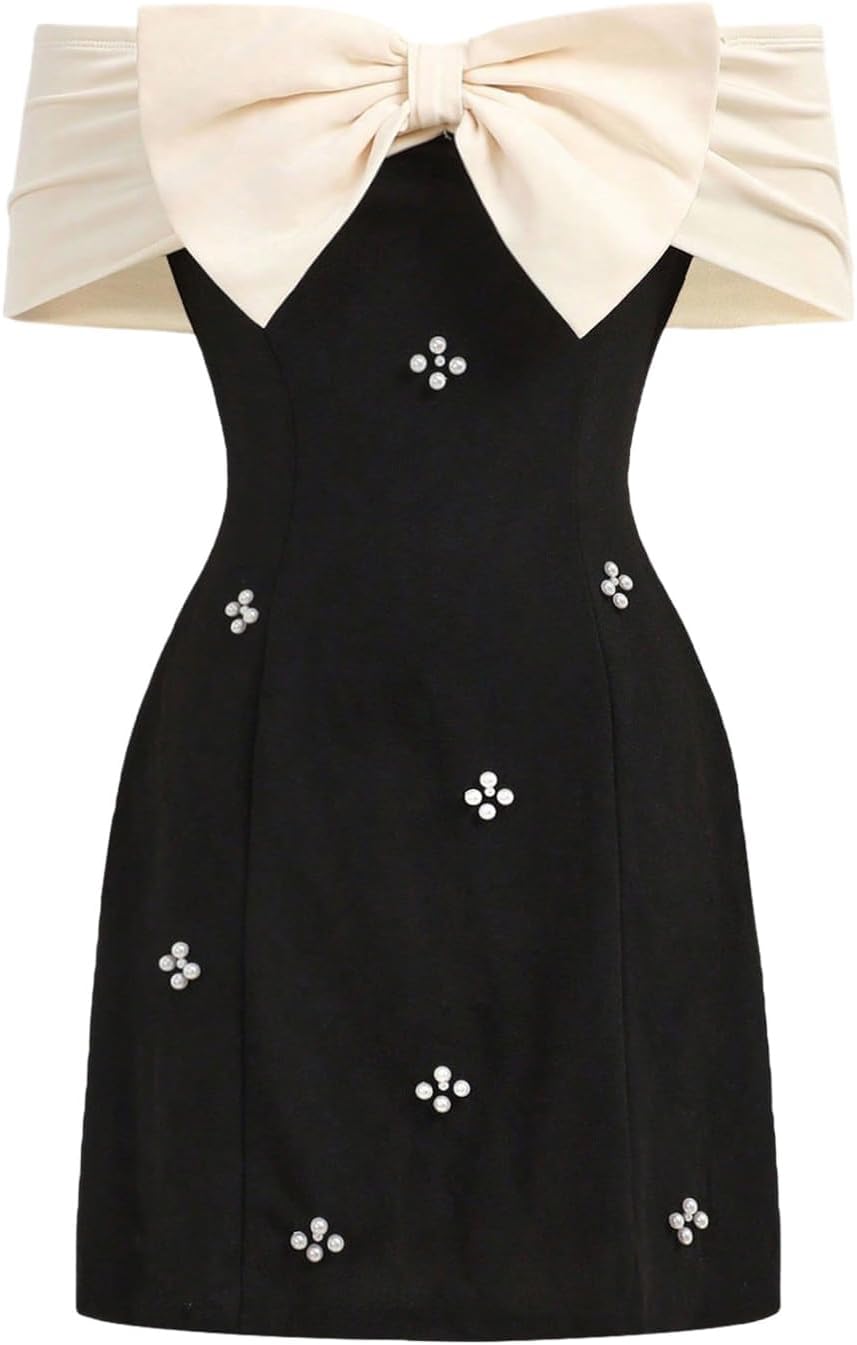 SweatyRocks Girl's Off Shoulder Short Dress Elegant Bow Short Sleeve A Line Party Dresses