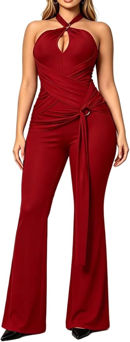Women's Summer Jumpsuits Sexy Sleeveless High Waist Flared Pants Bodycon Romper One Piece Outfits Elegant Party Overall