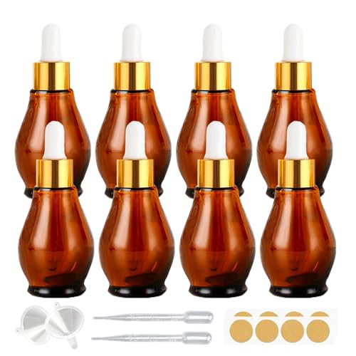 DZREVEOTA 8 Pack 1oz Glass Dropper Bottles 30ml Amber Gourd Shaped Glass Bottles with Dropper, Tincture Bottle,for Essential Oils, Hair Oil, Liquids, Perfume (Amber/Gold Cap, 30ml)