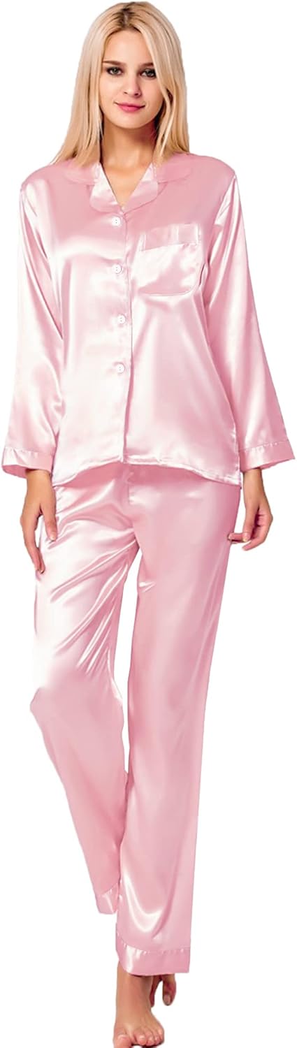 SWOMOG Long Sleeve Pajamas Set Silk Satin Sleepwear Button Down Pjs Loungewear with Pocket - Image 3