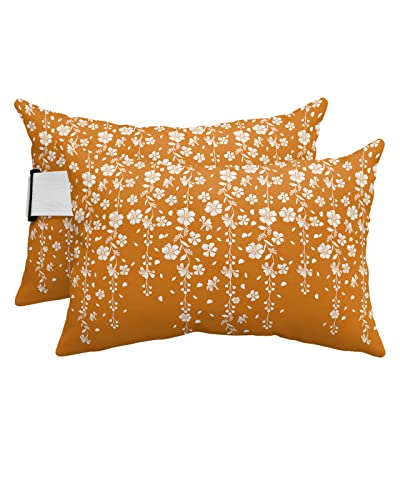 Anzona Pack of 4 Burnt Orange Florals Lumbar Pillow Covers, Outdoor Waterproof Throw Pillow Covers Set, Orange Weeping Flowers Decorative Cushion Case for Patio Beach, 12x20 Inch