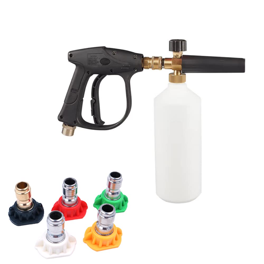 Foam Cannon M22 Gun Kit 1L Snow Foam Lanze Foam Blaster High Pressure Car Washer Gun Adjustable Jet Wash Quick Release, 3000 PSI, with 5 Nozzle Tips