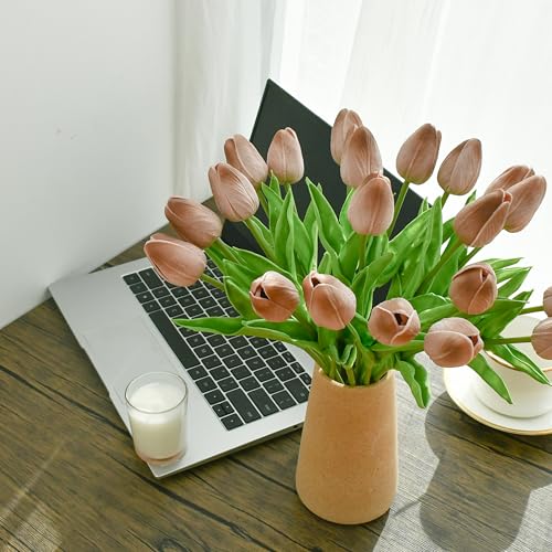 Image of ONLY ART Artificial Brown Tulips 20 Pcs - 13.5 Inch PU Faux Flowers with Bendable Stems for Home Decor, Wedding Centerpieces, DIY Floral Arrangements, New Year and Valentine's Day
