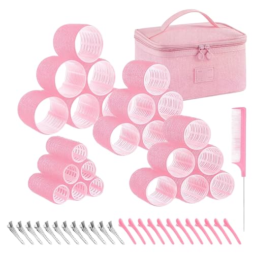 ZAVORA Self-Grip Hair Rollers Set 5 Sizes/55 Pcs with Clips in Pink Color Jumbo Rollers for Long Short Hair and Bangs (15mm 25mm 48mm 50mm 60mm)