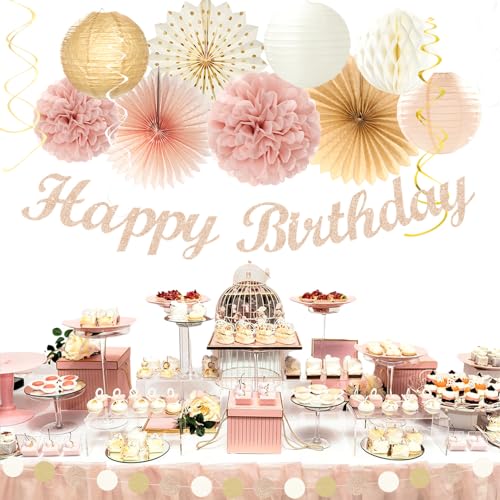 Image of Beige Champagne Rose Gold Women-Girls Birthday Decorations - 21pcs Fall Boho Party Happy Banner, Peach Streamers,Paper Lanterns,Pom Poms Fans 16th 18th 20th 21st 30th Birthday Rustic Backdrop Huglony