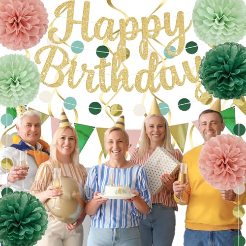 Image of Sage Green Birthday Decorations, Happy Birthday Banner and Paper Pompoms, Hanging Swirls, Circle Dots Garland, Pennant Flags for Girls Women Party Decorations