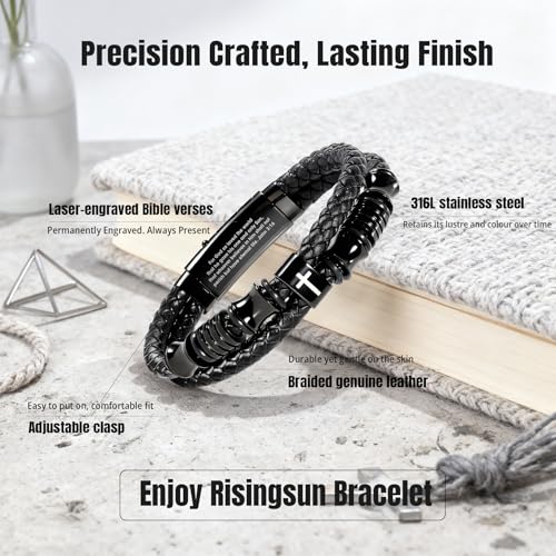 Pulsera cristiana de cuero negro para hombre miniatura 6