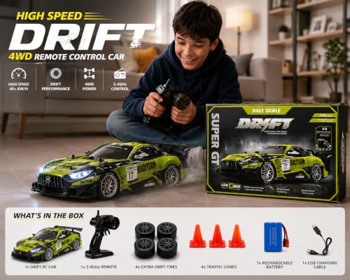 Image of Nextronix 40 km /h High-Speed 1:16 Scale 4WD RC Drift Car | 2.4GHz Remote Control Racing Car with LED Lights & Rechargeable Battery | Neon Green Edition